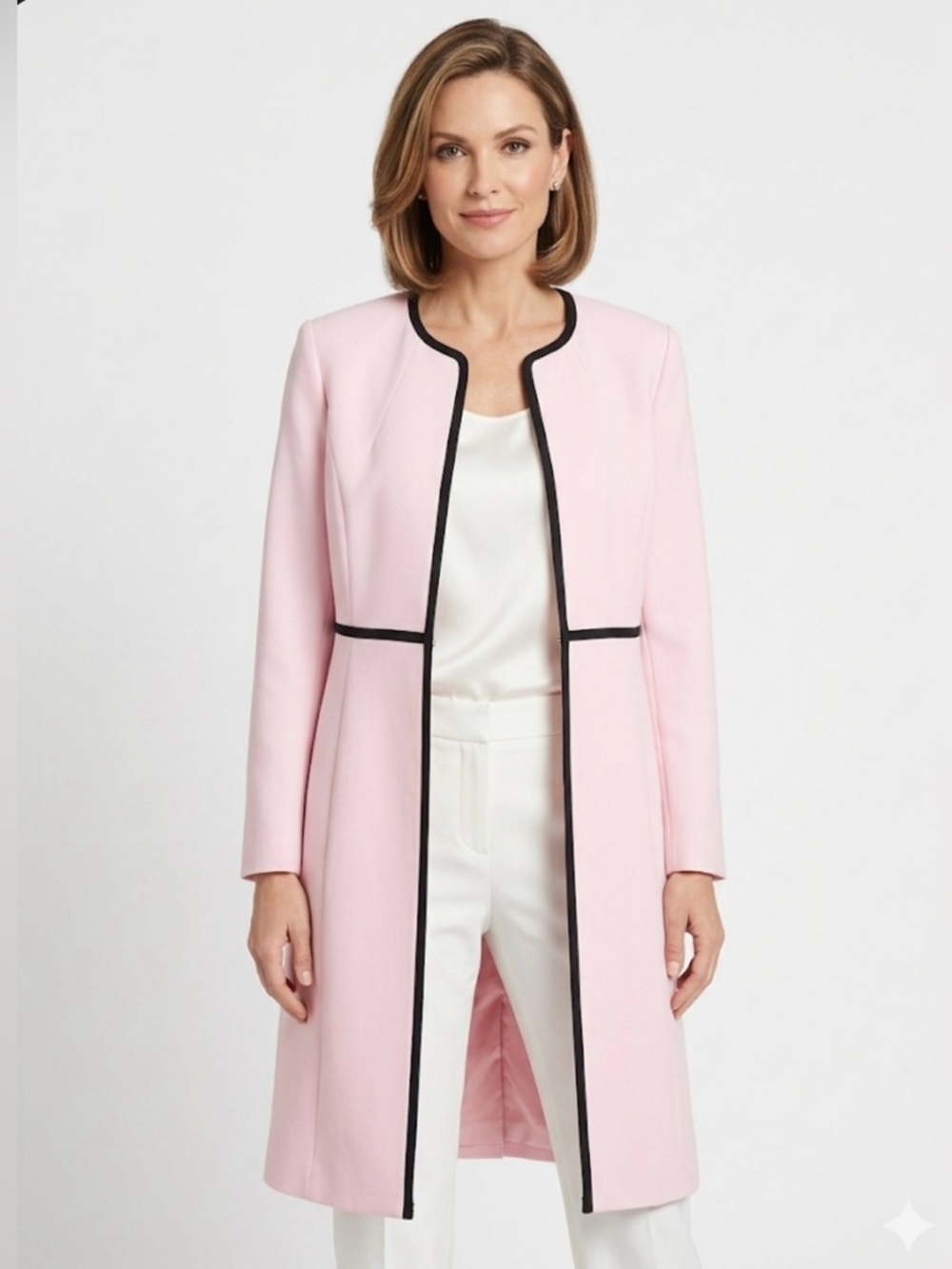 Light Pink Women's Long Coat with Black Trim